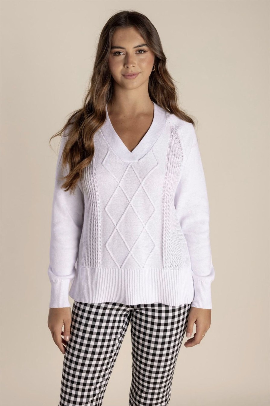 All Clothing Two-T's | Tyra V Neck Cable Sweater - White - Tt25