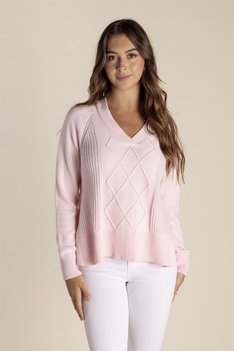 All Clothing Two-T's | Tyra V Neck Cable Sweater - Pale Pink - Tt25