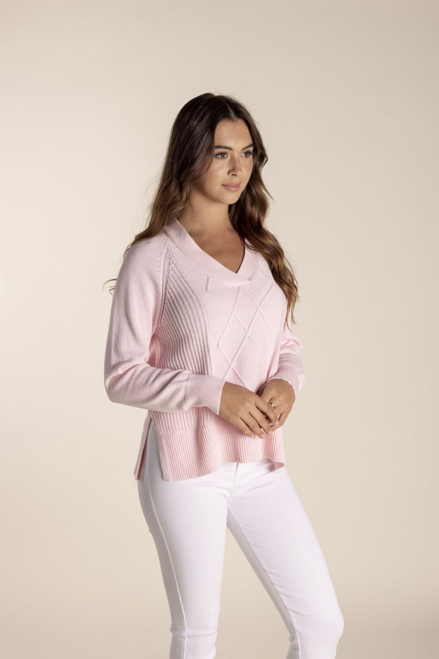 All Clothing Two-T's | Tyra V Neck Cable Sweater - Pale Pink - Tt25