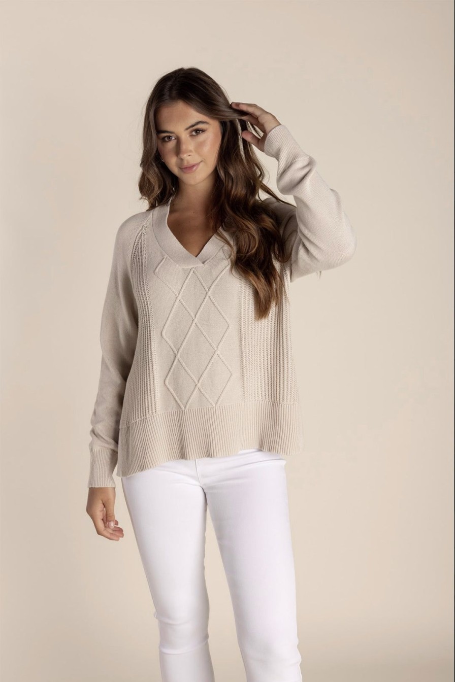 All Clothing Two-T's | Tyra V Neck Cable Sweater - Stone - Tt25