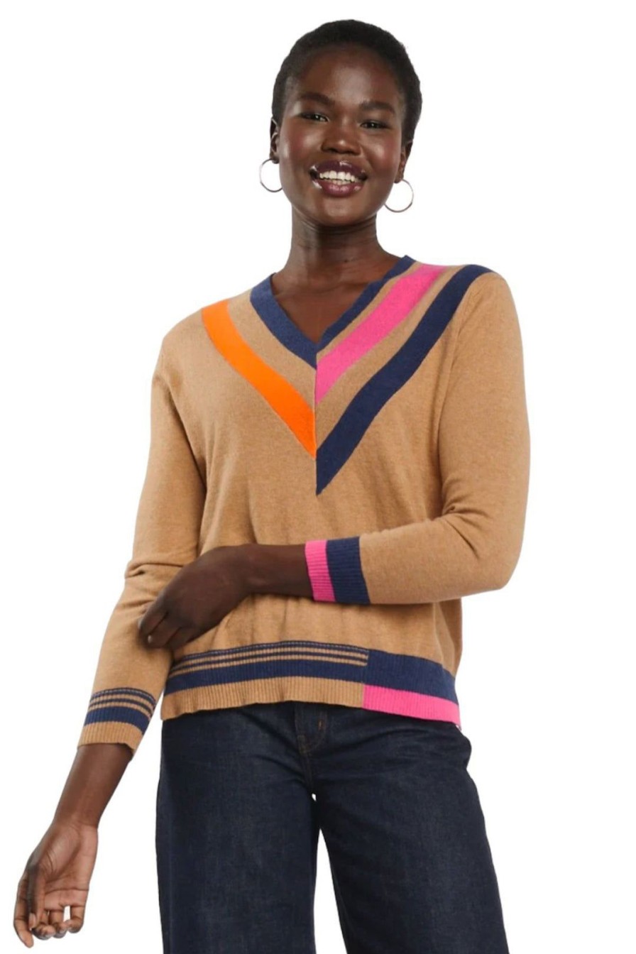 All Clothing Zaket & Plover | Striped V-Neck Jumper | Caramel | Zp6