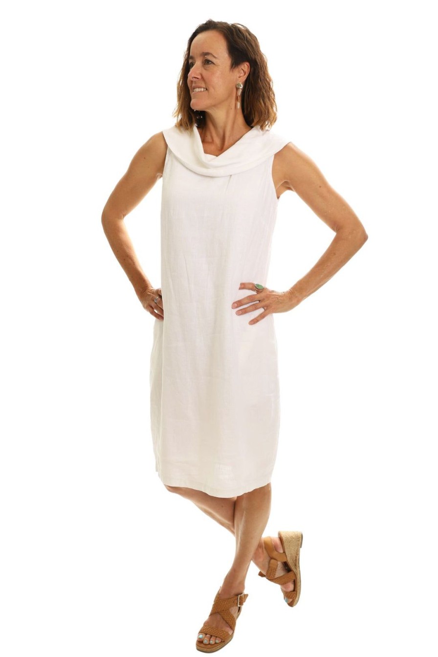 All Clothing See Saw | Linen Cowl Neck Dress Ss42 White