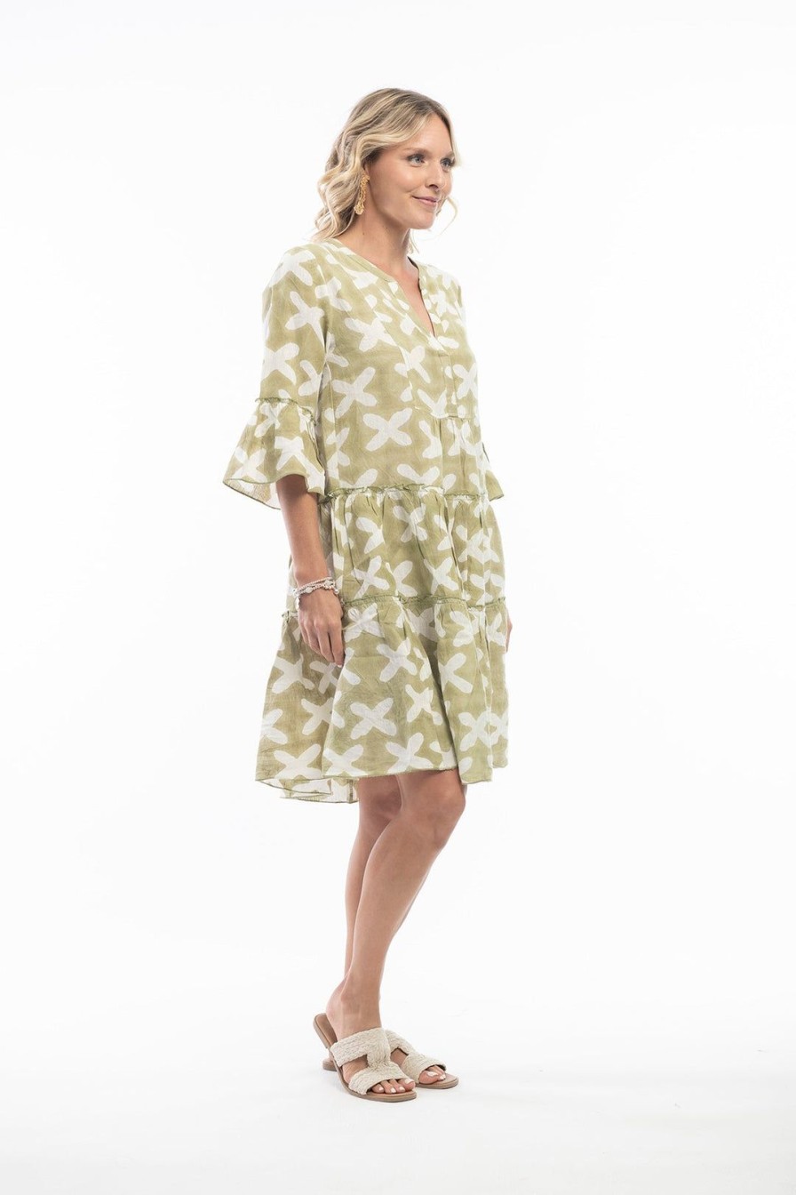 All Clothing Escape by OQ | Linen Print Dress | | Ep11 Olive