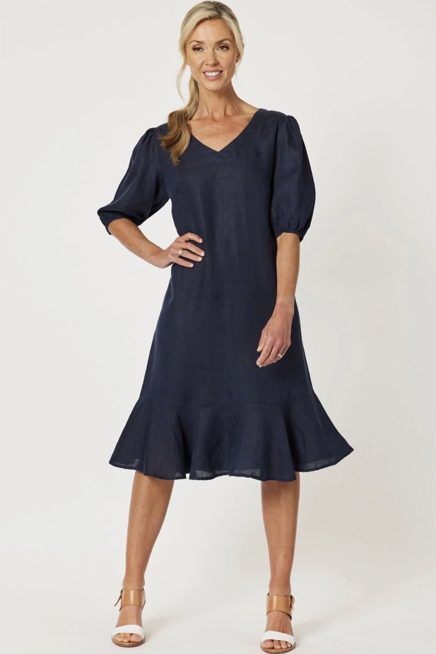 All Clothing Gordon smith | Flute Hem Linen Dress | Navy | Gs13