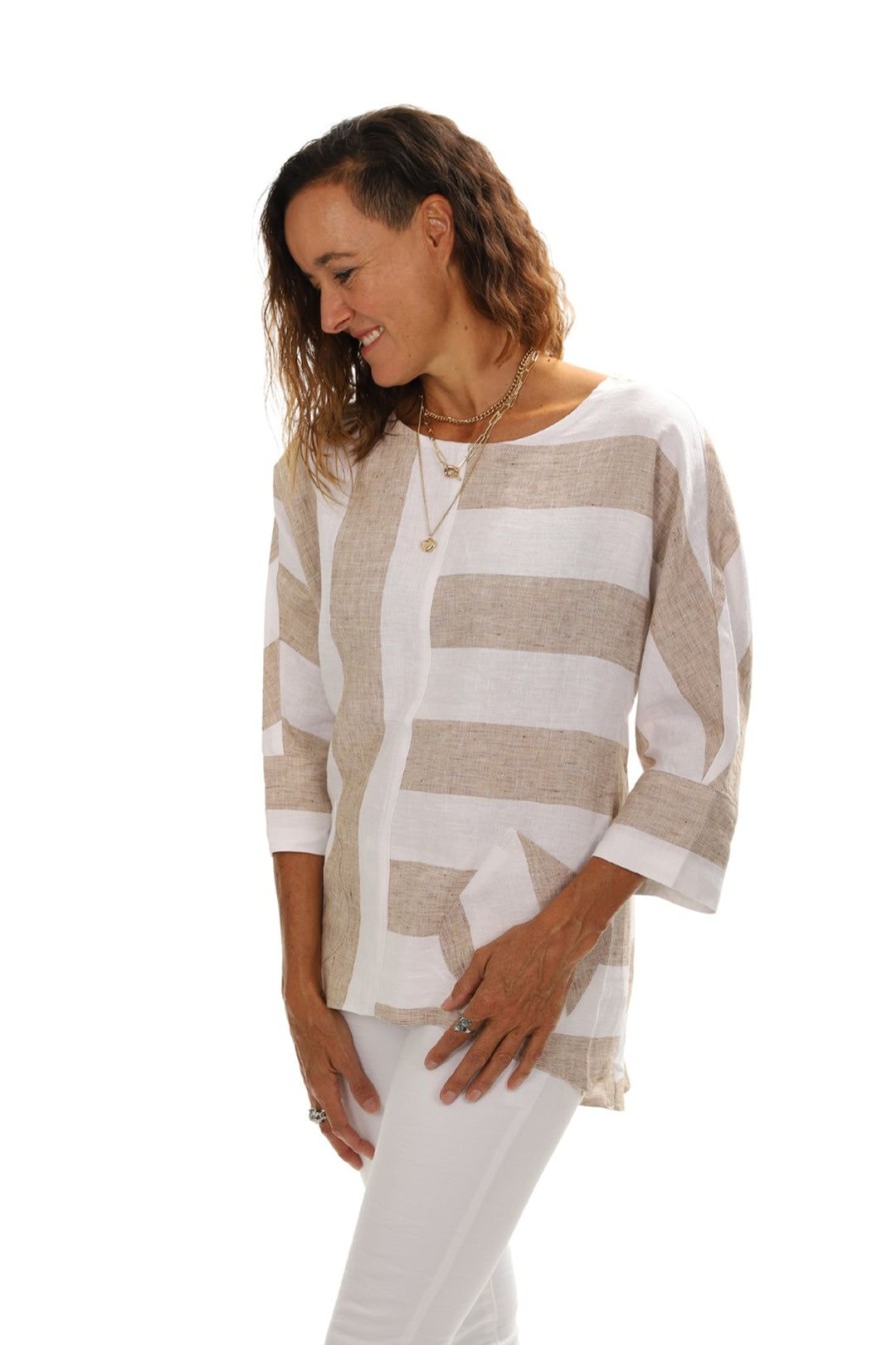 All Clothing See Saw | Linen Stripe Top | Sandshell/White | Ss49