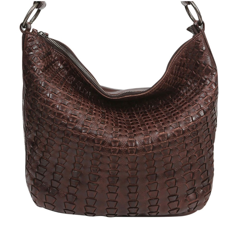 Accessories Modapelle | Vintage Leather Woven Bucket Bag | Chocolate