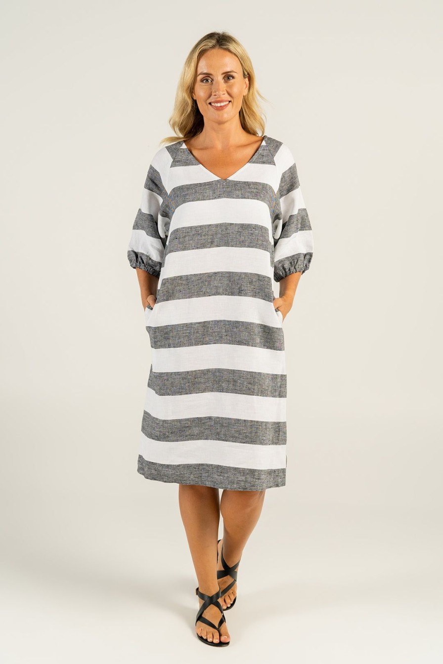 All Clothing See Saw | Linen V-Neck Stripe Dress| Ss36