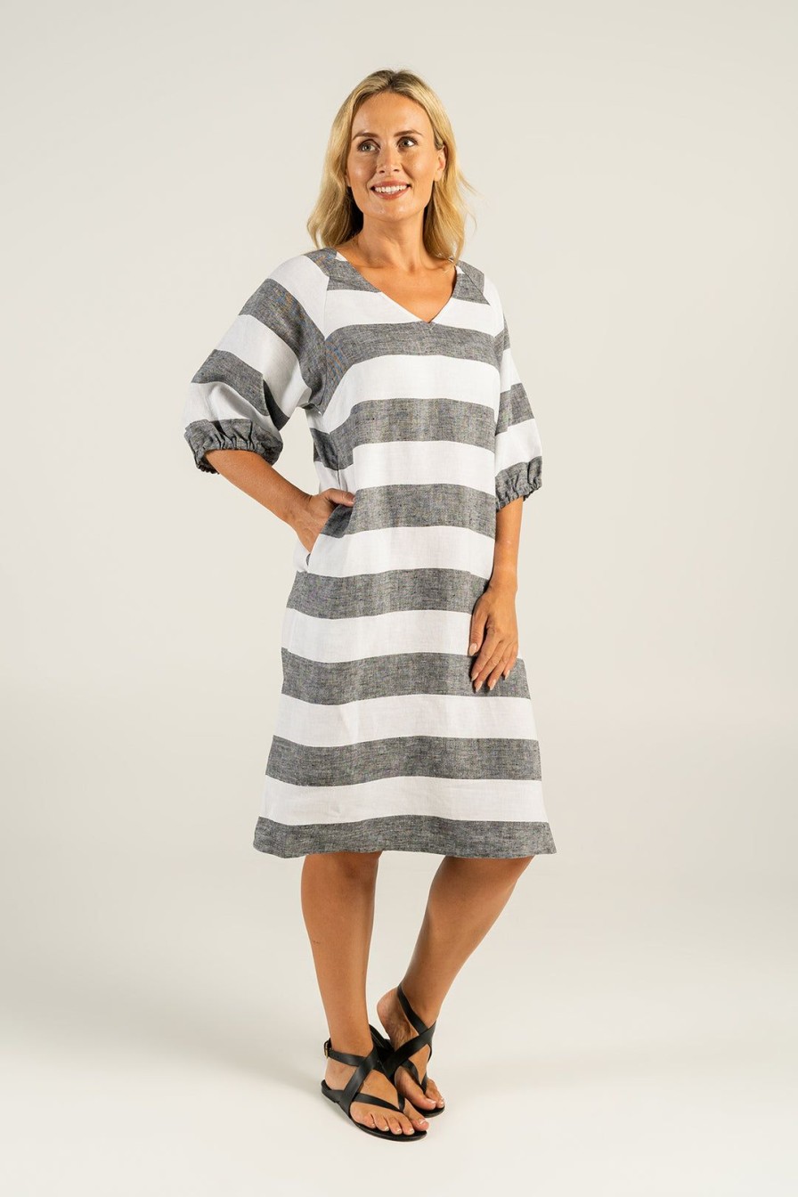 All Clothing See Saw | Linen V-Neck Stripe Dress| Ss36