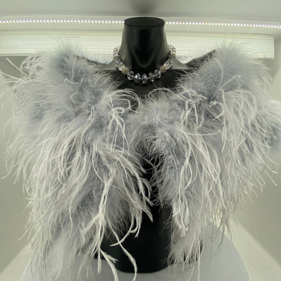 Accessories Pizazz Boutique | Ostrich Feather Shrug | Light Grey | Fi2