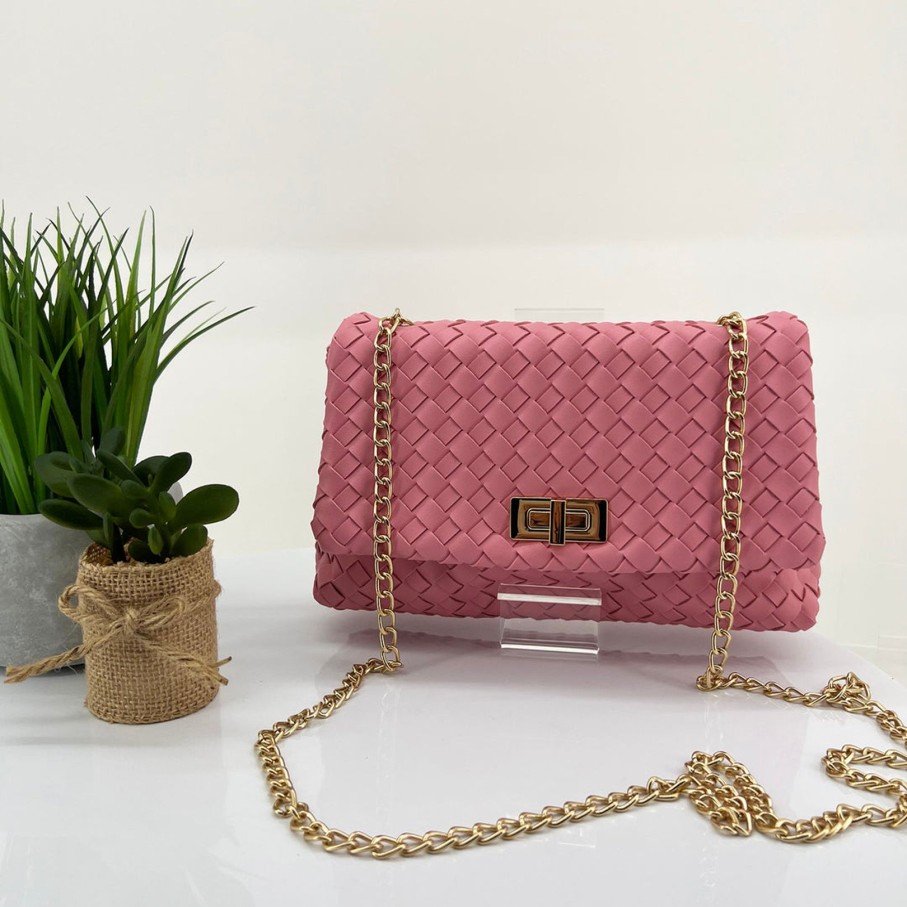 Accessories Pizazz Boutique | Diagonal Weave Chain Handle Bag | Pb10 Pink